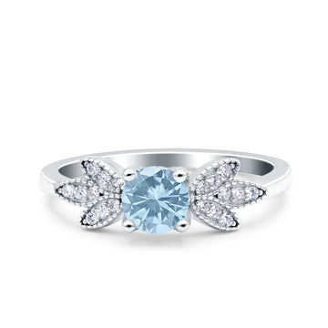 Art Deco Wedding Bridal Ring Leaf Dainty Round Simulated Aquamarine CZ 925 Sterling Silver
